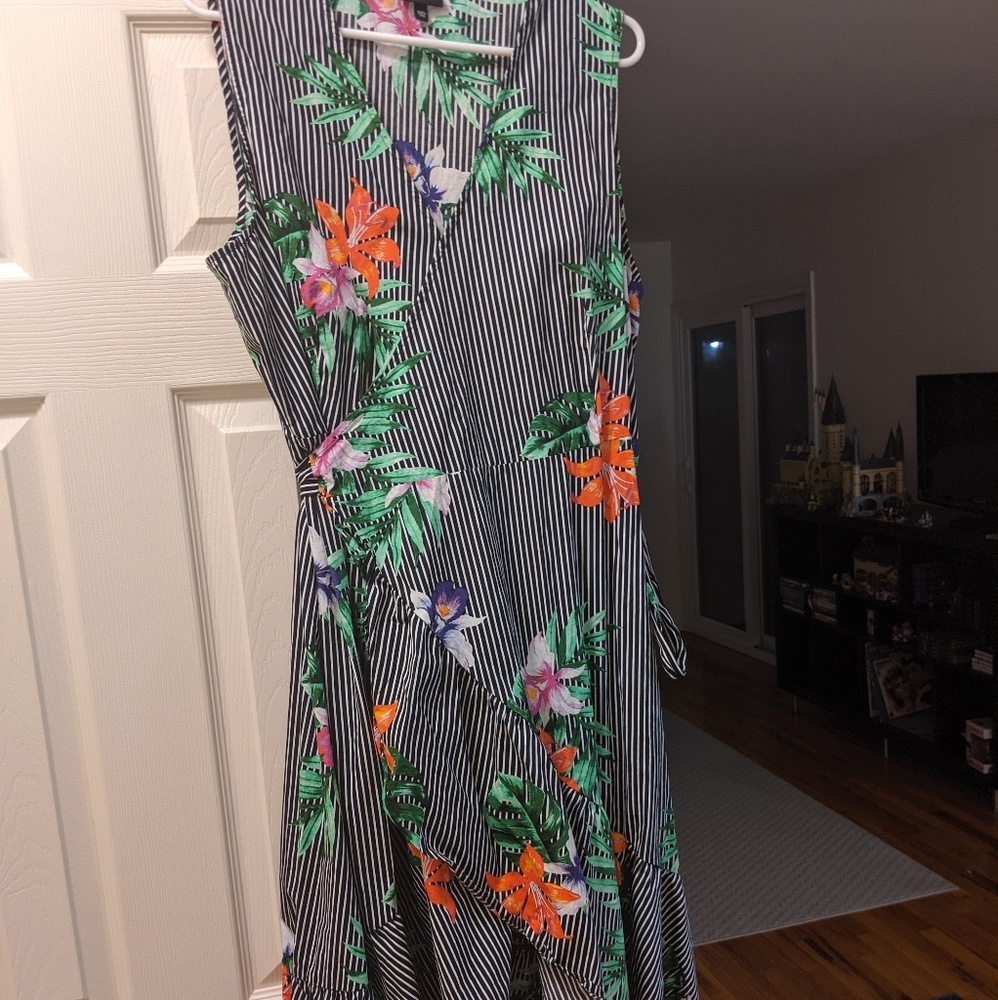 Black striped dress with flowers, hi-low skirt